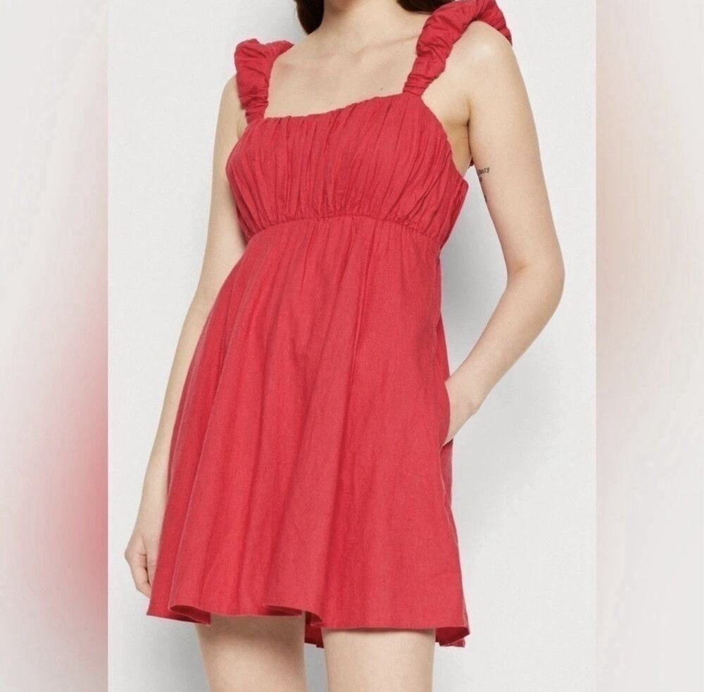 Abercrombie & Fitch Red Linen Blend Ruffle Strap Mini Dress Women’s XL Baby Doll